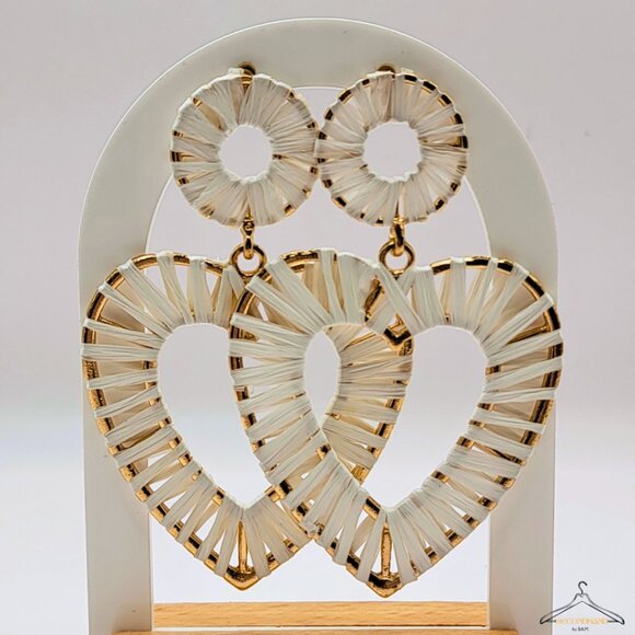 White Woven Heart Drop Earrings - Picture 1 of 2